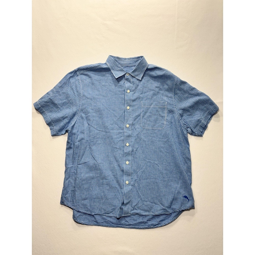 Tommy Bahama Shirt Mens XL Blue Check Linen Cotton Short Sleeve Button Up